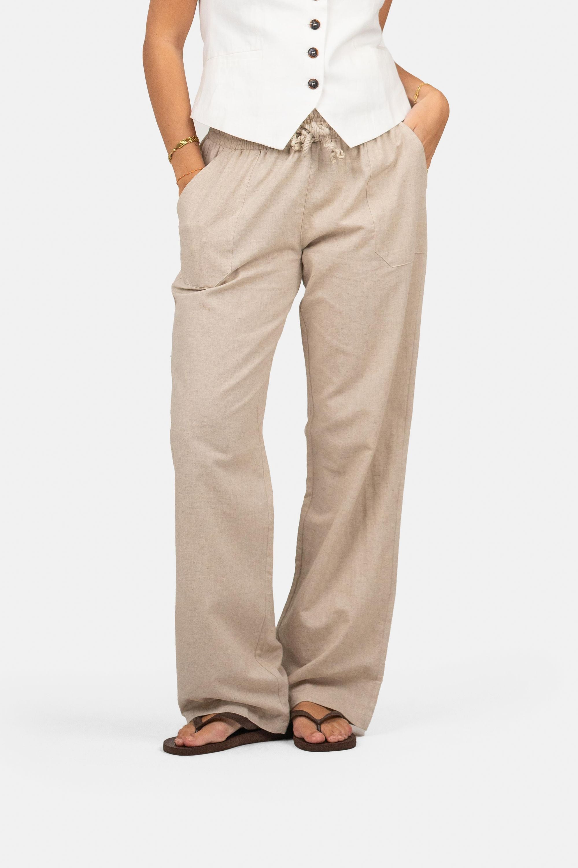 Linnen Broek Lage Taille Beige